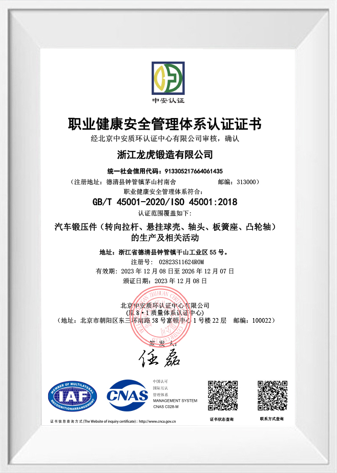 Occupational Health and Safety Management System Certification Certificate